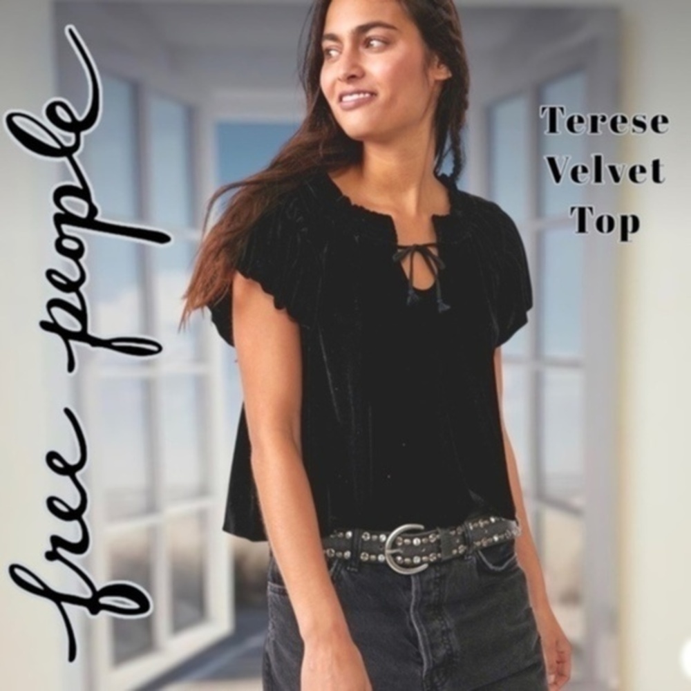 FREE PEOPLE Terese Velvety Short Puff Sleeve V-Neck w/Ties Relaxed Fit Top NWT